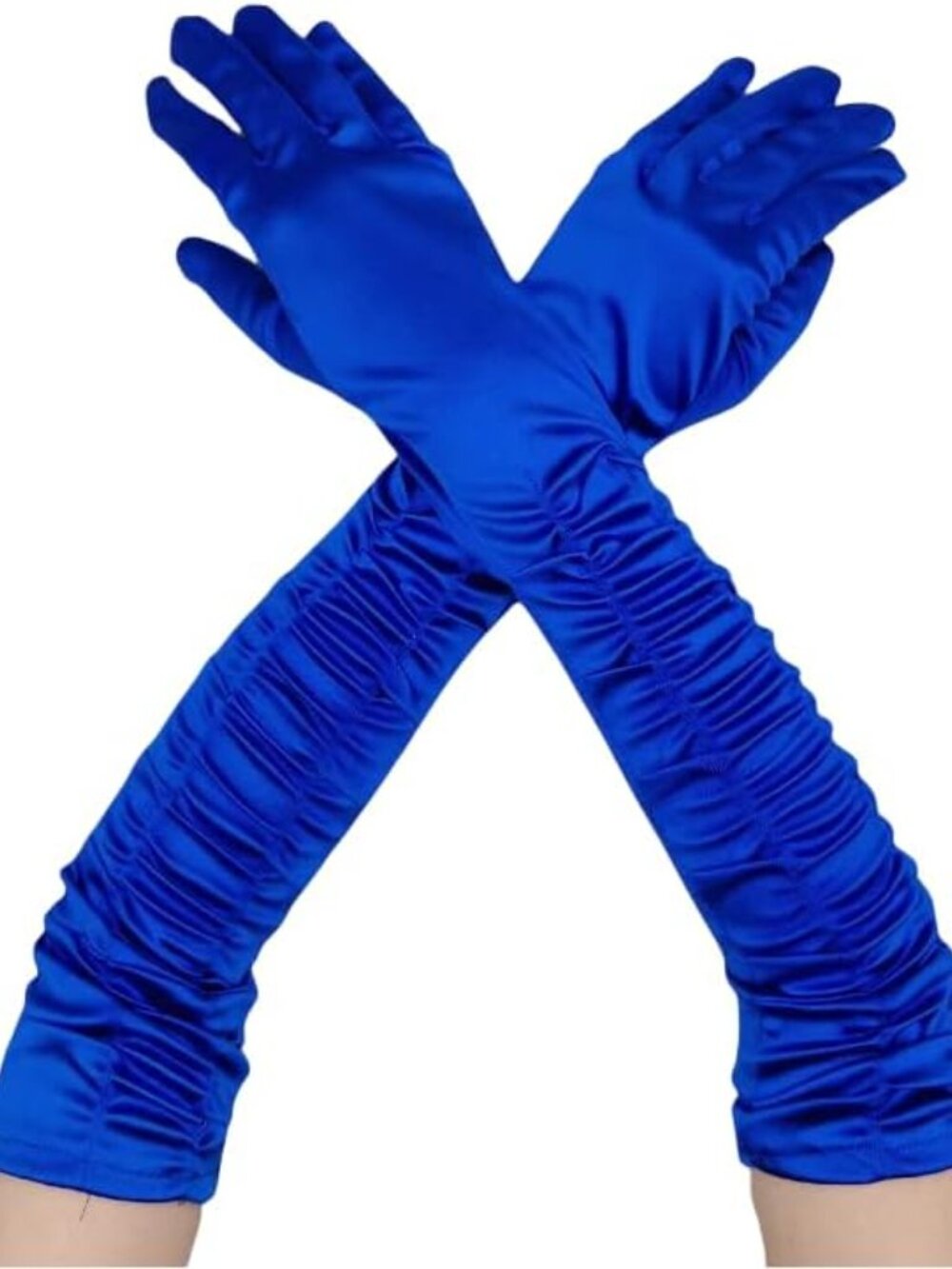 Women's Blue Long Opera Party 1920s Satin Elbow Adult Stretchy Pleat Gloves